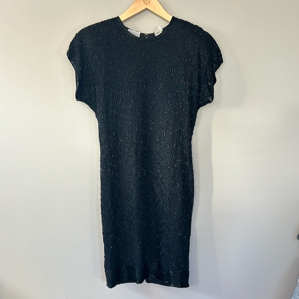 Vintage Stenay Beaded Black Silk Cocktail Dress Size 4